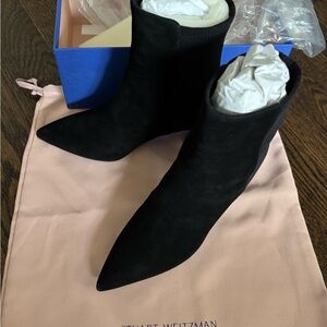 Stuart Weitzman Lonnie 75 Black Suede Pointed Toe Ankle Boots